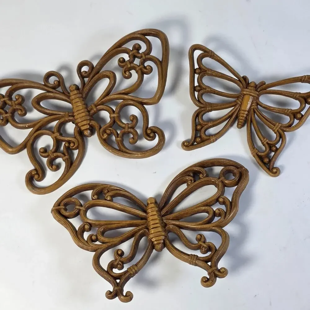 Set Of 3 Vintage 1970s Homco Wicker Rattan Style Butterfly Wall Decor MCM Retro